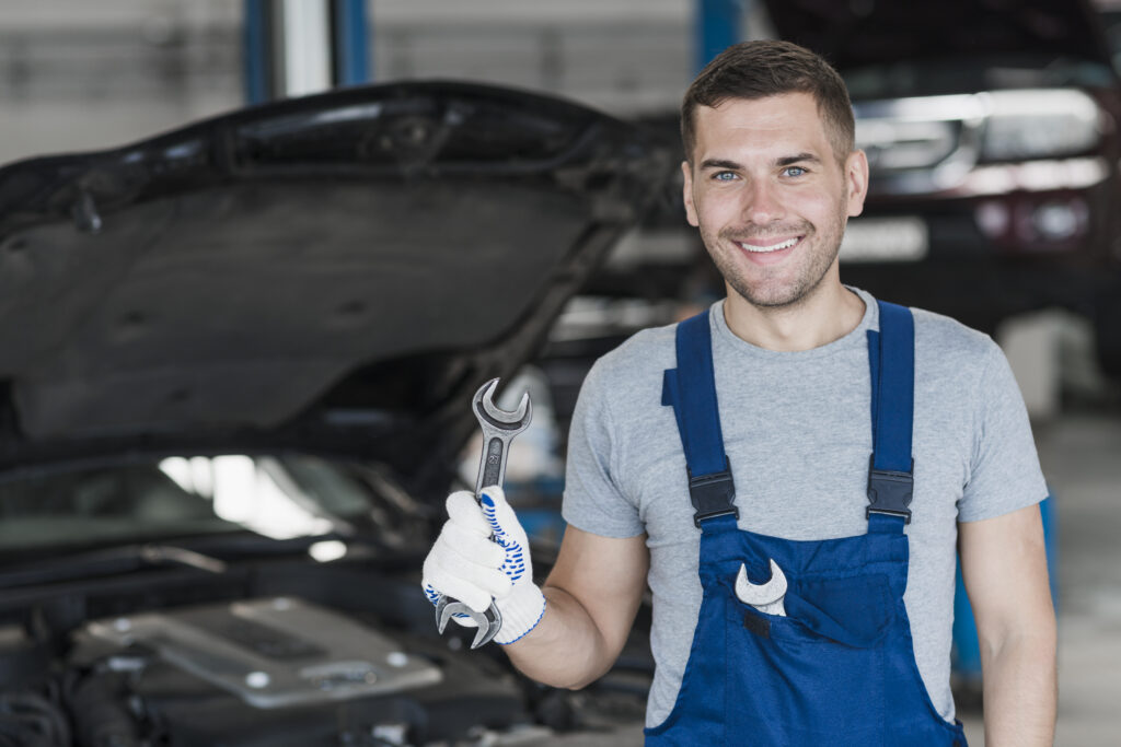 front-view-car-service-employees-working